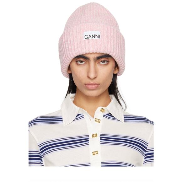 Ganni Pink Oversized Wool Rib Knit Beanie Hat - Picture 10 of 10